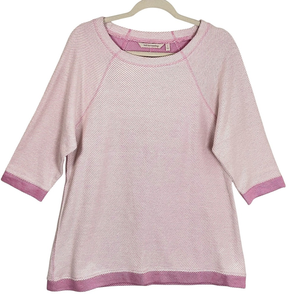 Soft Surroundings L Pink Textured Raglan Top Cotton Casual Coastal